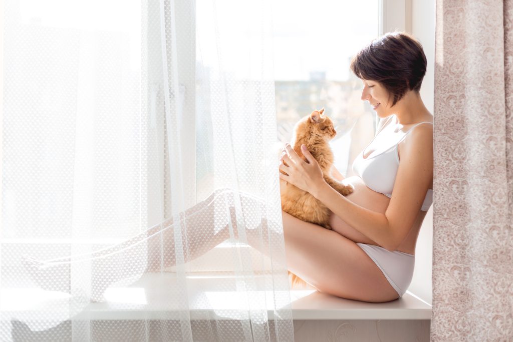 gestante segurando seu gato fazendo contato visual