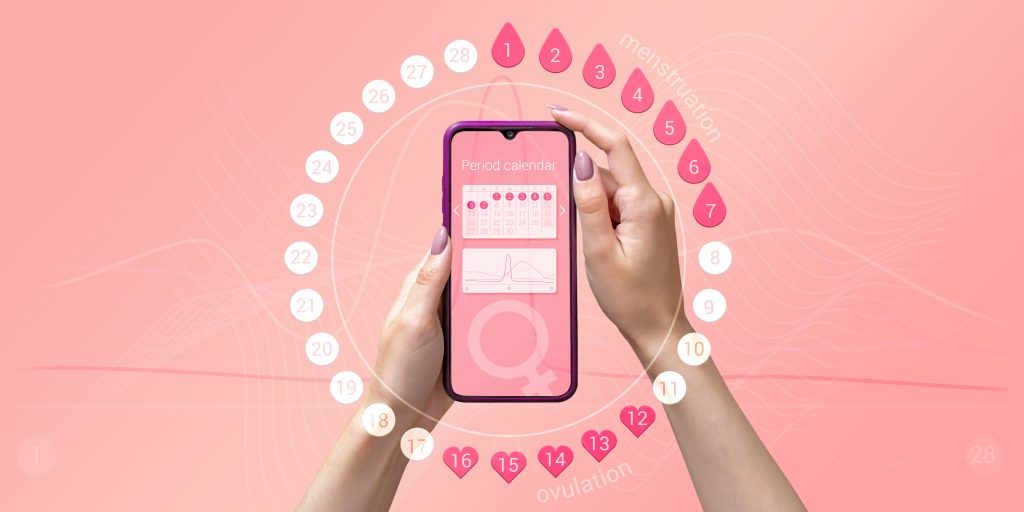 mulher segurando celular com anotação de ciclo menstrual e ao redor anotação de ciclo menstrual de forma circular brando e rosa