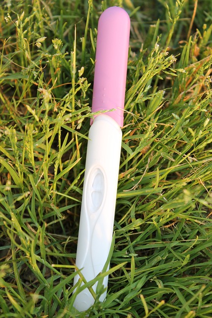 teste de gravidez branco e rosa, com apenas um traço, indicativo de negativo, na grama