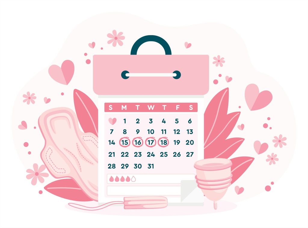 imagem de calendário branco e rosa com coletor menstrual e absorvente, com imagens de folhas e corações rosas ao redos